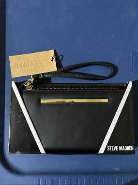 Steve Madden Black Leather Wristlet with Gold Accent